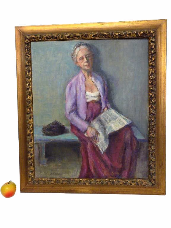 S KOSERSKY- LADY IN PURPLE GOWN REALIST PAINTING: S. Kosersky - Russian 20th Century Circa 1940's 50's Realist Portrait Painting of a Seated Lady in Purple Gown. Oil on Canvas. Signed Lower Left. Elegant Gilt Wood Frame Measures 26.50" x 2.50" x 31" 