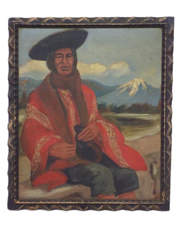 EARLY SOUTH AMERICAN TRIBAL MAN PORTRAIT PAINTING: Antique South American Tribal Man Portrait Painting. Oil on Wood Panel. Rear Stamp Hernan Dez Camvs Napoles 471 Peru. Ornate Gilt Wood Frame Measures 11" x 1" x 13" 2 lbs
