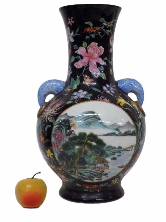 ANTIQUE CHINESE FAMILLE NOIRE SCENIC VASE MARKED: Antique Chinese Famille Noire Scenic Porcelain Vase. Detailed Hand Painted Floral Decoration and Landscape Scenes. Dual Mythologic Elephant Head Handles Grasping Golden Rings. Green Interior Glaze. Pr