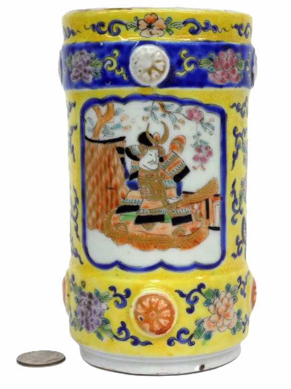JAPANESE MEIJI FAMILLE JUANE WARRIOR SIGNED VASE: Japanese Meiji Period Famille Juane Porcelain Cylinder Vase. Depicting Surrounding Floral Decoration with Satsuma Samurai Warrior and Blossoms Panels. Base Mark Possibly By Fukagawa Koransha. Approxim