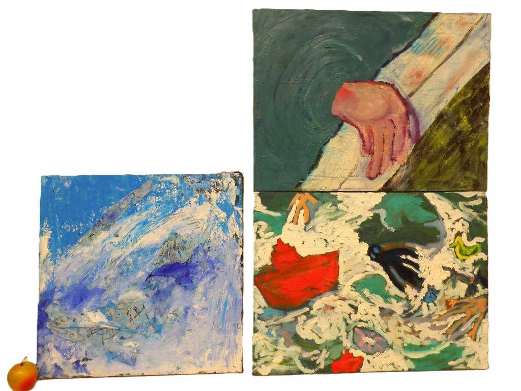 MIDCENTURY ABSTRACT ART PAINTINGS LOT OF 3: Midcentury Abstract Expressionist Art Paintings Lot. Acrylic on Canvas. 3 Pieces Measuring 18" x 1" x 24" 18" x 1" x 24" and 20" x 1" x 20.50" 6 lbs Combined Weight From a Private New York Estate Coll