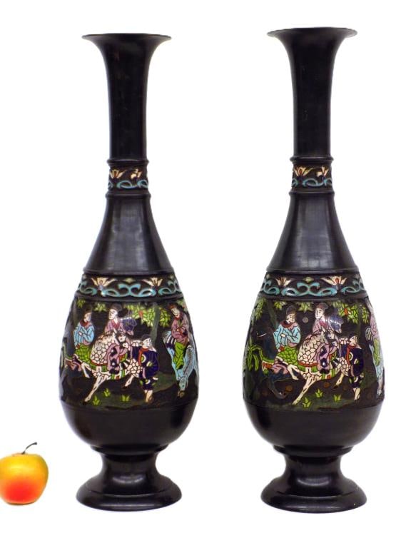 JAPANESE BRONZE CHAMPLEVE SCENIC VASES (1 of 6)