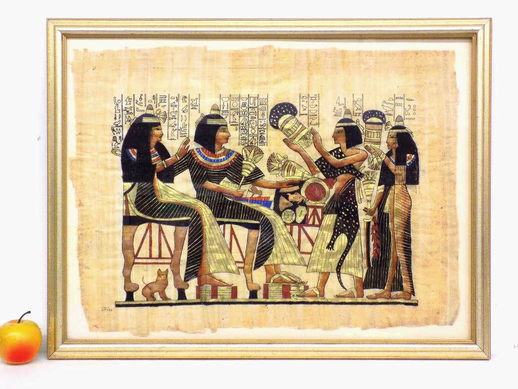 WEALTHY EGYPTIAN FAMILY GOLD GILT PAPYRUS PAINTING (1 of 4)