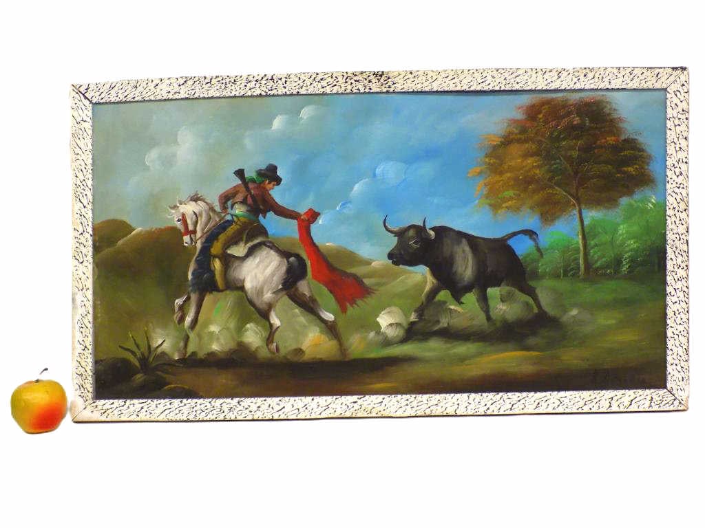 ANTONIO AMODEO - MATADOR BULL PAINTING: Antonio Amodeo - 1928-2012 - Matador on Horseback Taming a Bull Painting. Oil on Masonite. Signed Lower Right. Artist Painted Wood Frame Measures 16" x 1" x 29.50" 3 lbs
