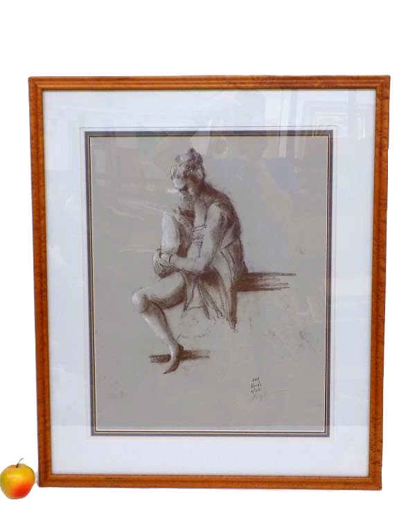 SEATED LADY CONTE CRAYON STUDY SIGNED ILLEGIBLY (1 of 3)