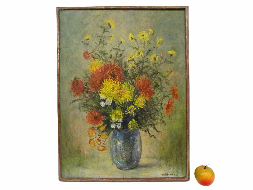 JANET EDNA GREENLEAF - CHRYSANTHEMUMS PAINTING: JE / Janet Edna Greenleaf - American 1936-2003 Beautiful Chrysanthemum Flowers In A Vase Still Life Painting. Oil on Artist Board. Signed Lower Right. Parcel Gilt & Painted Wood Frame Measures 19.50" 