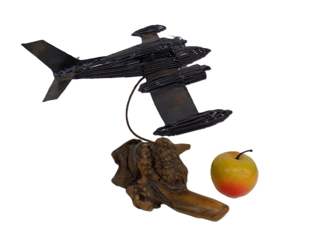 VAN GUILDER MIDCENTURY AIRPLANE SCULPTURE: Van Guilder American California 20th Century - Mid Century Metal Airplane Sculpture on Burl Wood Base.9" x 11" x 9" 5 lbs