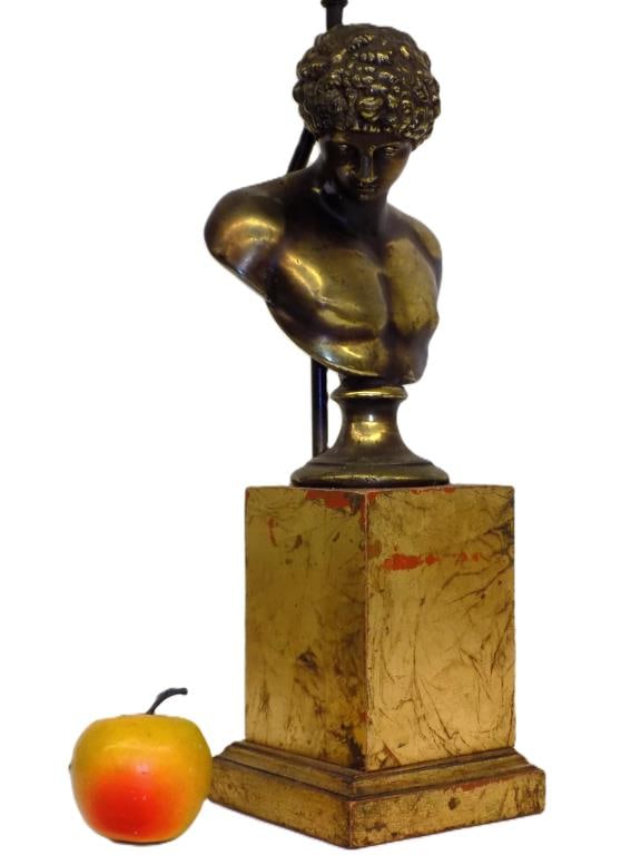 COOPER - POMPEIAN GILT BRONZE ANTINOUS BUST LAMP: F. Cooper - Grand Tour Style Pompeian Gilt Bronzed Bust Sculpture of Greek God Antinous. Rear Signed F. Cooper. Mounted As A Working Lamp. Shipping Measurements Total Height 20" x 6" x 5" 5 lbs