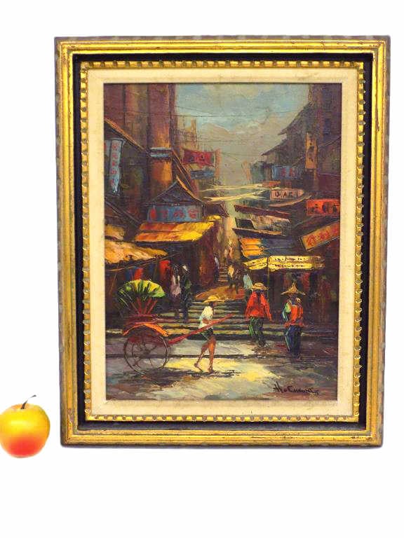 HO CHEUNG - CHINESE VILLAGE PAINTING: Ho Cheung Chinese 20th Century - Impressionist Chinese Village with Figures Painting. Oil on Panel. Signed Lower Right. Fancy Gold Gilt Wood Frame Measures 16" x 2" x 20" 4 lbs Todd Gallery Label Rear