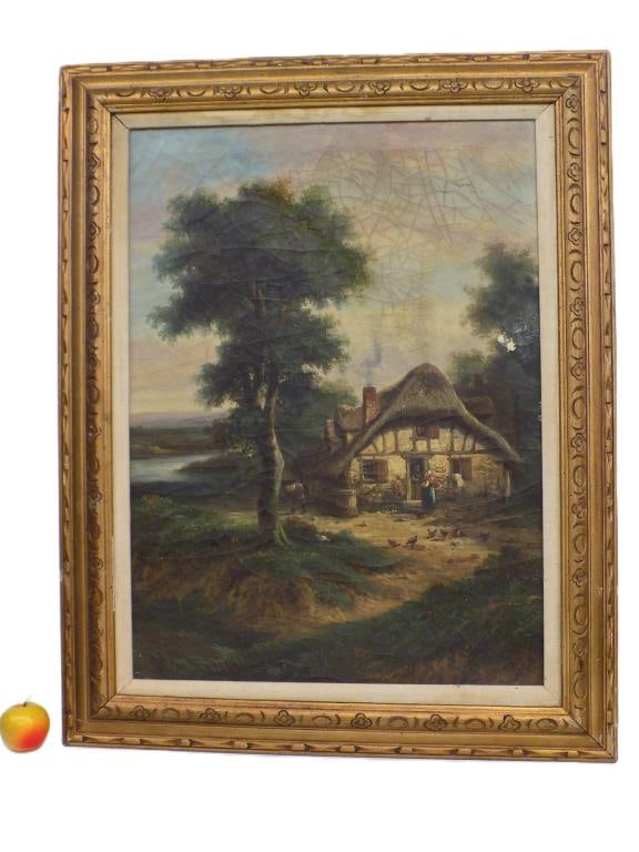 EARLY COUNTRY COTTAGE LANDSCAPE PAINTING 29" x 37" (1 of 6)