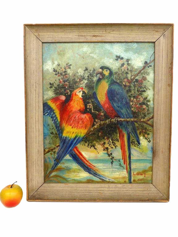 L. LOWY - TROPICAL PARROTS SEASIDE PAINTING: L. Lowy - Circa 1950's Tropical Parrots Seascape Painting. Oil on Canvas. Signed Lower Right. Antique Pine Wood Frame Measures 17.50" x 1.50" x 21.50" 4 lbs