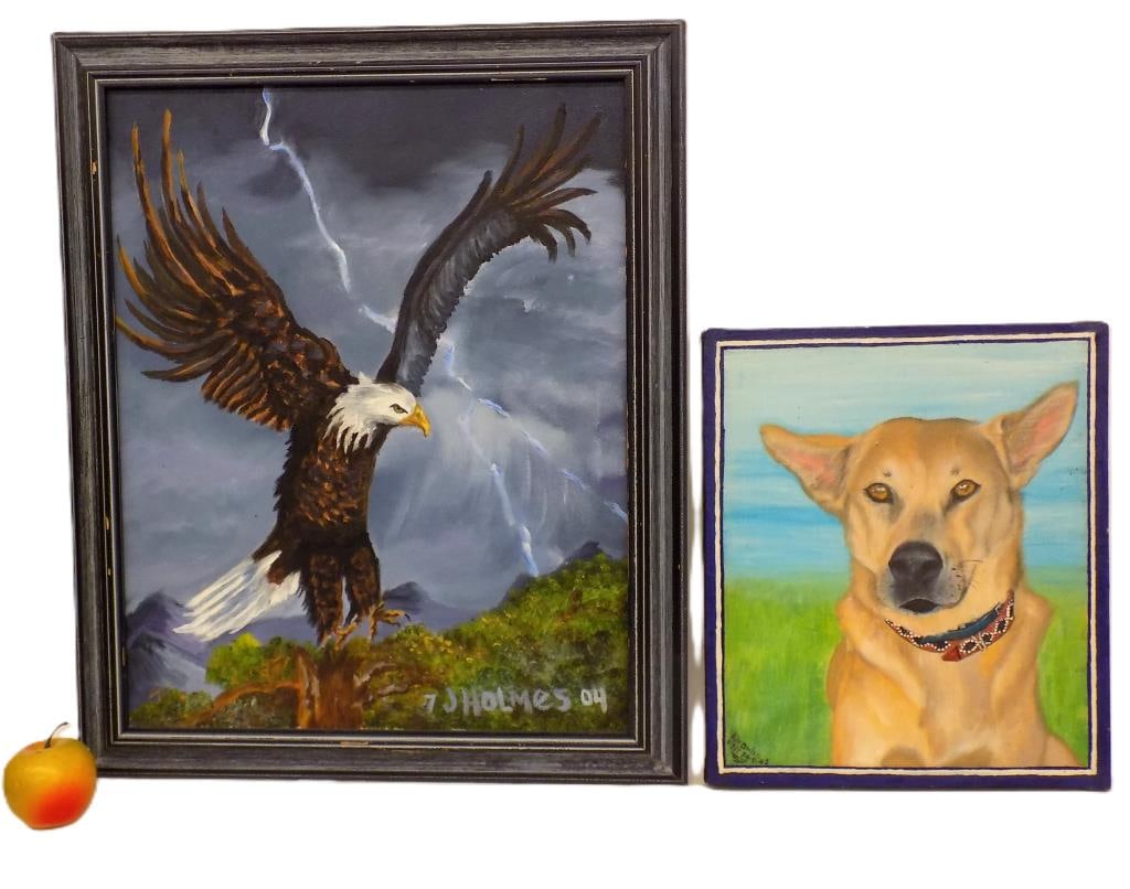 AMERICAN EAGLE AND DOG PAINTINGS: J. Holmes American Eagle Painting. Along with Kirombe Signed Dog Painting. Both Oil on Canvas. Measurements: 19.25" x 1" x 23.25" and 12" x 1" x 14" 3 lbs