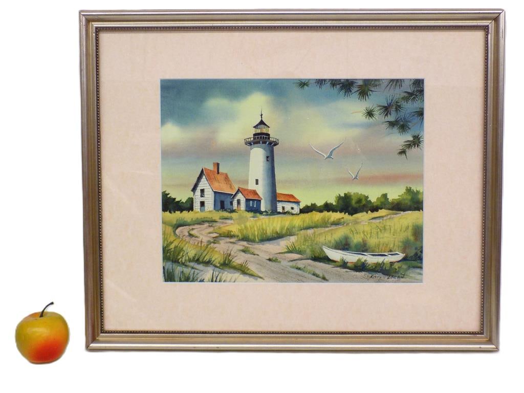 KITTY LOGAN - CAPE COD LIGHTHOUSE WATERCOLOR: Kitty Logan American 20th Century - Tranquil Cape Cod Watercolor Painting. Depicting a Lighthouse with Seagulls and Boat. Signed Lower Right. Silvered Wood Frame with Beaded Border Measures 17.50" x 1