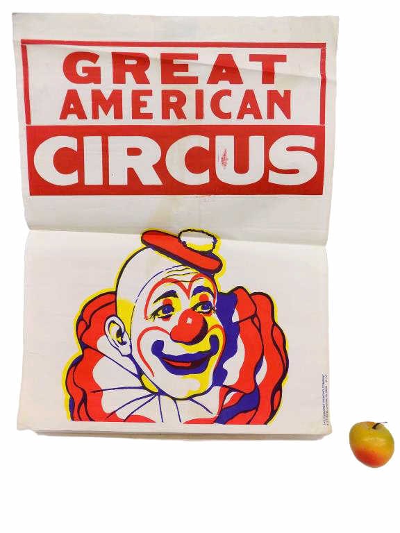 GREAT AMERICAN CIRCUS CLOWN ADVERTISING POSTER: Rare Vintage 1950's Enquirer Printing Company Cincinatti Ohio Lithograph Poster. Advertising The Great American Circus with Wonderful Clown Image in Vibrant Color. Signed Lower Right. Approximately 21