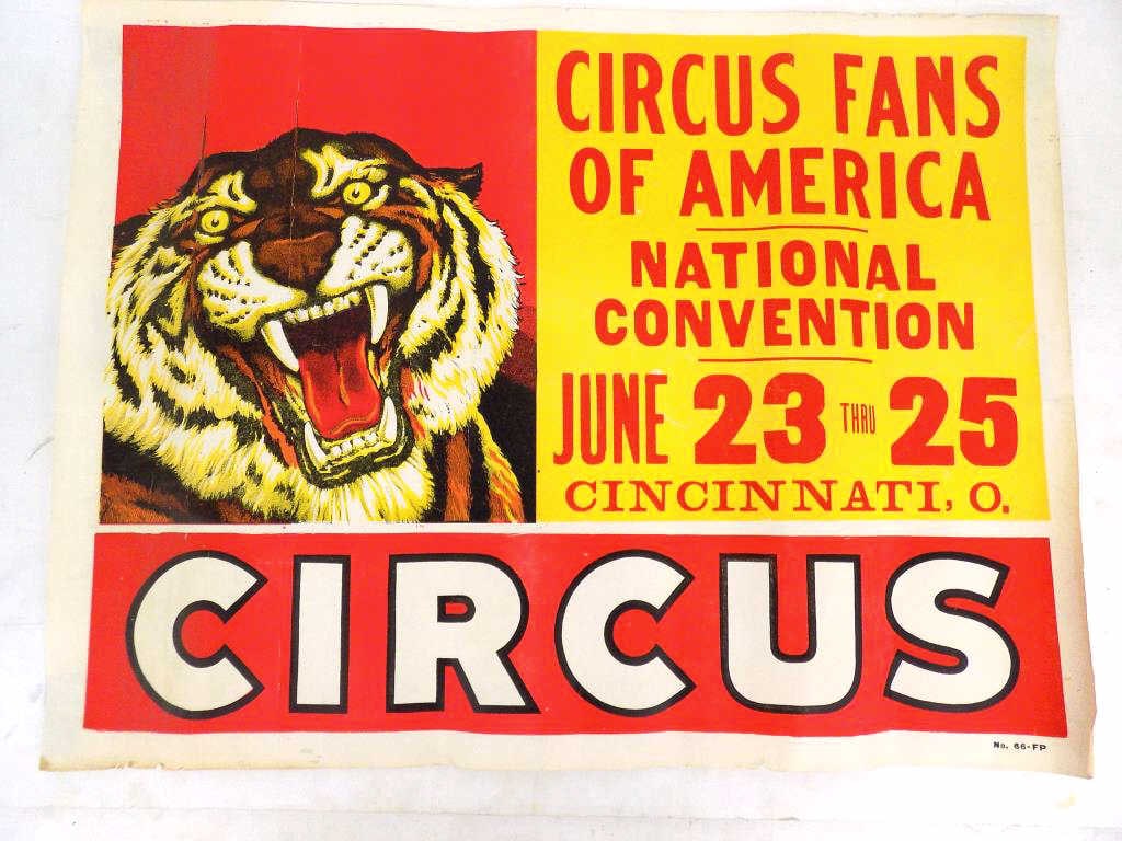CIRCUS FANS OF AMERICA ROARING TIGER CIRCUS POSTER: Rare Vintage 1950's 60's Vibrant Color Lithograph Poster. Advertising The Circus Fans of America National Convention June 23 Thru 25 Cincinatti Ohio Numbered No 66 FP Lower Left. Featuring a Fierce Ro