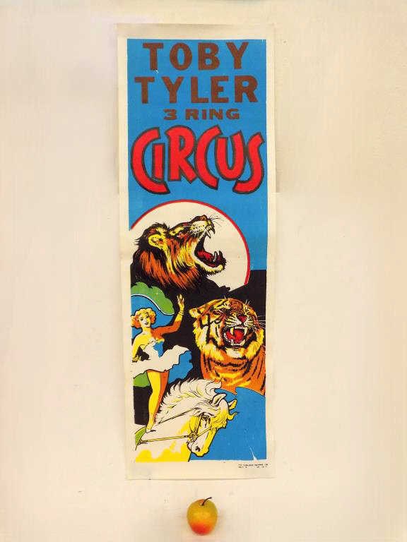 1950'S TOBY TYLER 3 RING CIRCUS LION TIGER POSTER: Rare Vintage 1950's Enquirer Printing Company Cincinatti Ohio Lithograph Poster. Advertising The Toby Tyler 3 Ring Circus. Depicting Vibrant Full Color Graphics of Roaring Lion, Tiger, Blonde Beauty A