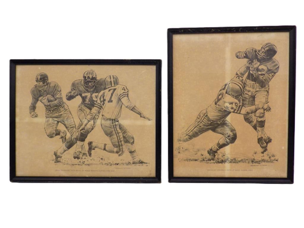 ROBERT RIGER - GIANTS FOOTBALL LITHOGRAPH PRINTS: Robert Riger American 1924-1995 - Pair of Vintage 1950's Football Game Lithograph Prints. Including Alex Webster Cuts as Rosie Brown Clears The Way. Charley Conerly Gets It Away Under Fire. Framed 14.
