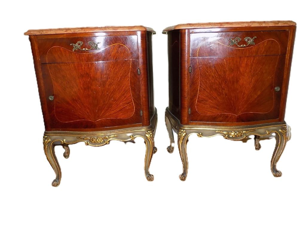 FANCY FRENCH ROSE MARBLE & SATIN WOOD END TABLES: Antique Pair of French Rose Marble & Satin Wood End Tables. Gilt Bronze Pulls. Measurements 2' 10" x 1' 5" x 4' 10" and 2' 10" x 1' 5" x 4' 10" To be picked up from a Prominent Monticello New York Est