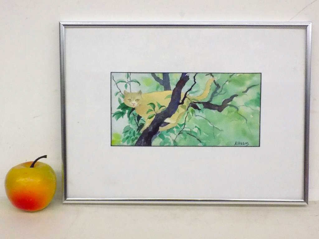 AIDAN HIGGINS - CHARMING CAT IN A TREE WATERCOLOR: Aidan Higgins 1927-2015 Charming Yellow Cat in a Tree Watercolor Painting. Entitled: On The Watch. Signed Lower Right. Chrome Frame Measurements 10" x 1" x 13.25" 4 lbs