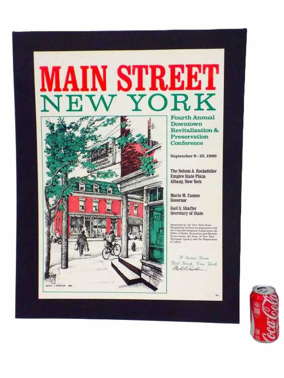 MARK PECKHAM - RED HOOK NY SIGNED LITHOGRAPH: Mark Peckham American 20th Century - Main Street New York Color Lithograph. Depicting Red Hook Village Scene with Shops. September 1986 Fourth Annual Downtown Event. Arist Hand Signed Lower Right. 18"