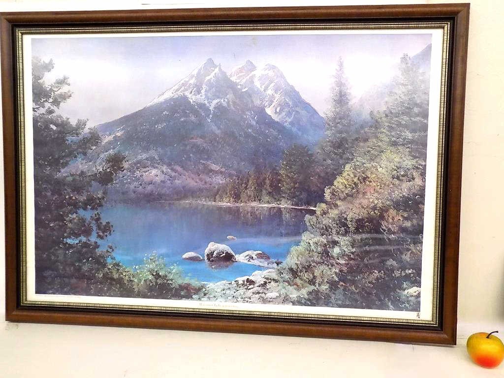 ROBERT WOOD - HUGE MOUNTAIN LAKE LITHOGRAPH: Robert Wood - England 1889-1979 - Huge Mountain Lake Color Lithograph After The Original Painting. Quality Gilt Bordered Wood Frame Measurements: Height 29" x 1" x 42" 9 lbs