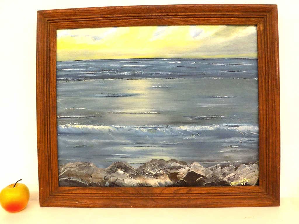 JOHN W. POTTS - SEASCAPE PAINTING: John W. Potts American 20th Century - Tranquil Seascape Painting. Signed Dated Lower Right. Oil on Canvas. Oak Wood Frame Measures 19" x 1.50" x 23" 5 lbs