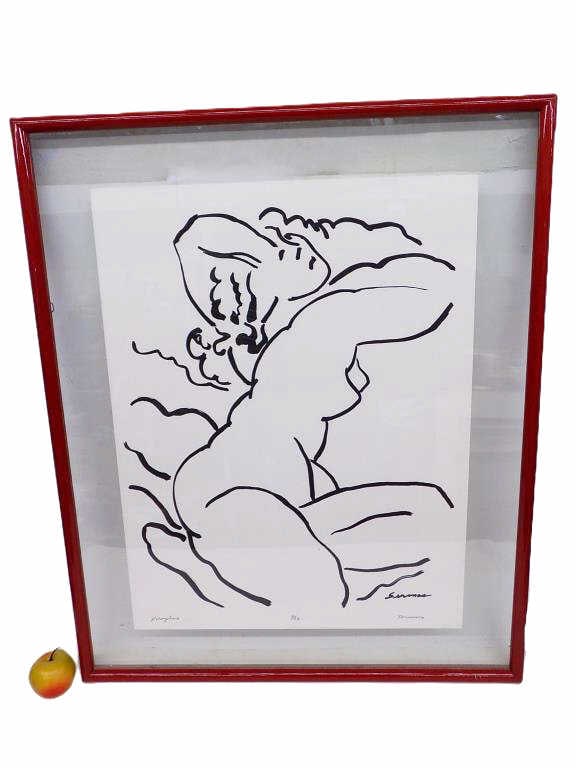 GUS SERMAS - PERSEPHONE NUDE SIGNED LITHOGRAPH: Gus Sermas American b1929 - Large Midcentury Nude Girl Lithograph Entitled Persephone. Artist Hand Titled, Numbered and Signed Lower Margin. Professionally Framed, Measures 33.50" x 1" x 27.50" 20 lbs