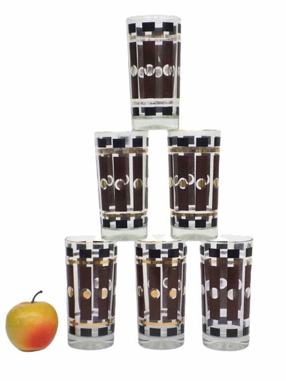 MIDCENTURY MODERN DESIGN BAR GLASS SET: 1960's Midcentury Modern Design Set of 6 Bar Glasses. Brown, Black and Gold Decoration. Height 5.50" 5 lbs Overall Very good condition, No cracks or chips, Few have minor gilt loss
