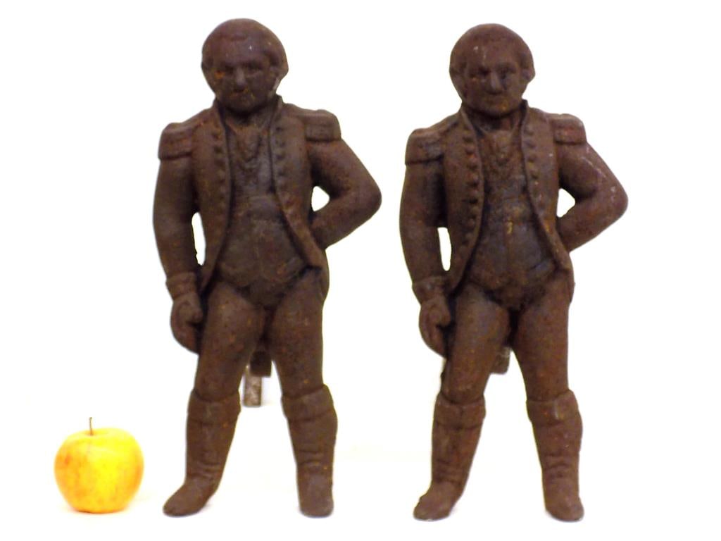 ANTIQUE GENERAL GEORGE WASHINGTON CAST ANDIRONS: Antique Pair of General George Washington Cast Andirons. Signed Virginia Metal Crafters. Measurements 15" x 7" x 18" and 15" x 7" x 18" 30 lbs Total weight