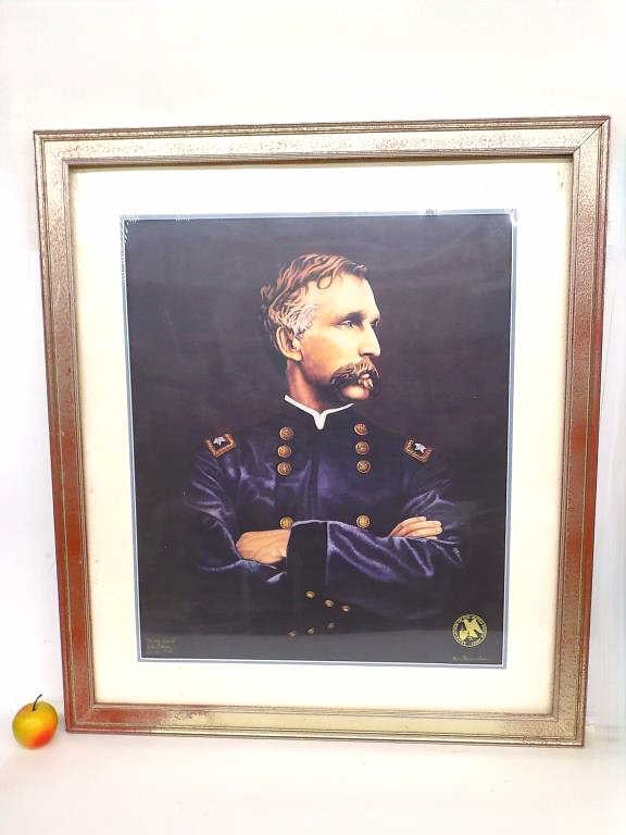 KEN HENDRICKSEN - CIVIL WAR GENERAL LAWRENCE PRINT: Ken Hendricksen American 20th Century - Big Civil War Major General Joshua Lawrence Portrait Print. Limited Edition Artist Hand Signed in Gold Ink. Gift Inscription Lower Left. Silvered Wood Frame Mea
