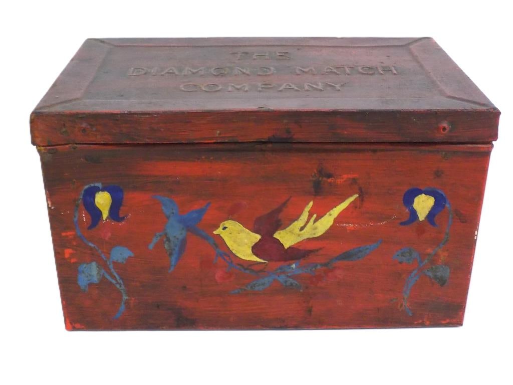 DIAMOND MATCH CO FOLK ART PAINTED ADVERTISING BOX: Antique Diamond Match Company Embossed Tin Advertising Box. Old Red Paint with Folk Art Bird and Tulips. 5" x 5.25" x 8.50" 2 lbs