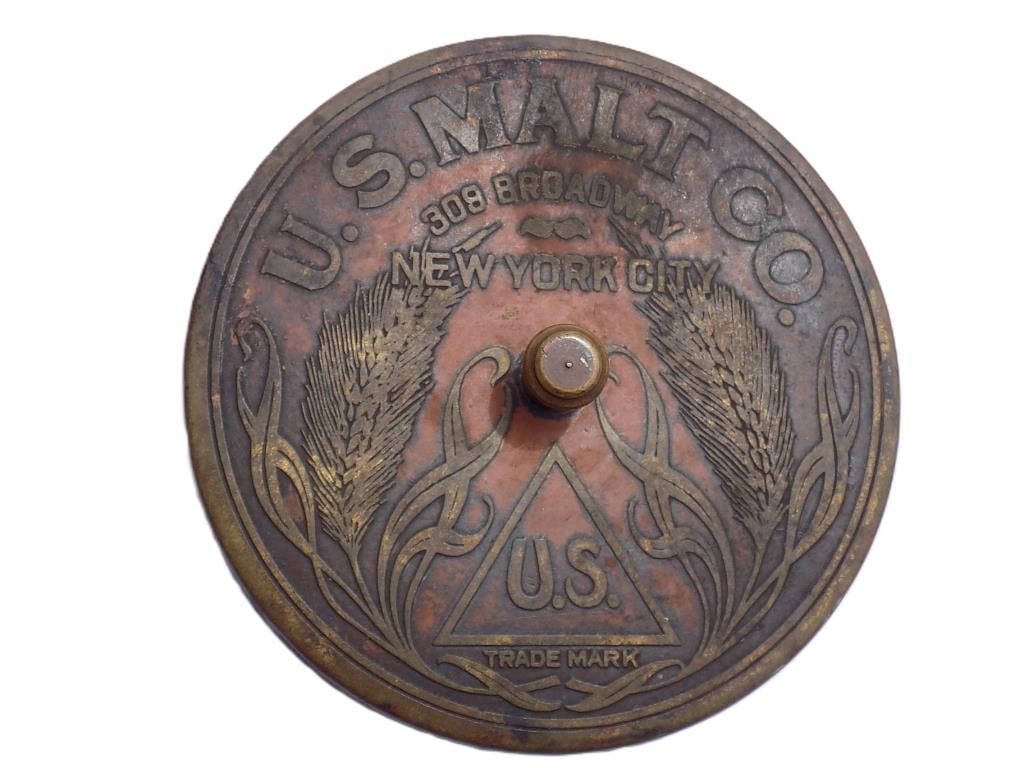 ANTIQUE U.S. MALT CO NYC BRONZE ADVERTISING WEIGHT: Rare Early 1900's Pre Prohibition Bronze Advertising Store Counter Paperweight. Embossed & Engraved By The Electro Chemical Engraving Co. Brooklyn New York. Reads: U.S. Malt Co 308 Broadway New York C