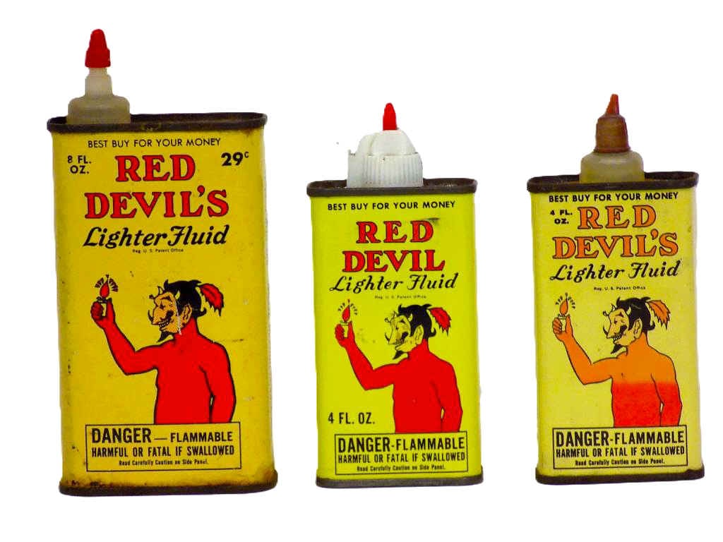 VINTAGE RED DEVIL LIGHTER FLUID ADVERTISING CANS: Vintage Red Devil Lighter Fluid Tin Advertising Cans. Including 1950's 8 Oz 29 Cents Can. Two 4 Oz Cans. Each Depicting Devil with Lighter and Flame. Largest 4.25" x 1.50" x 3" 1 lb