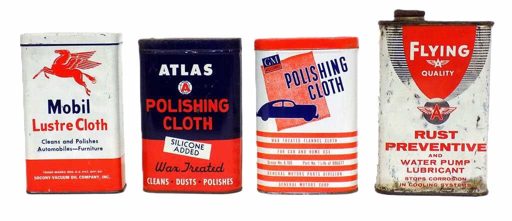 ADVERTISING TINS MOBIL FLYING A ATLAS & GM: Group of Vintage 1950's Advertising Tins. Including Mobil Lustre, Atlas, GM Polishing Cloth. Along with Flying A Rust Preventive. All with Contents. Combined Measurements 6" x 4" x 6" 2 lbs