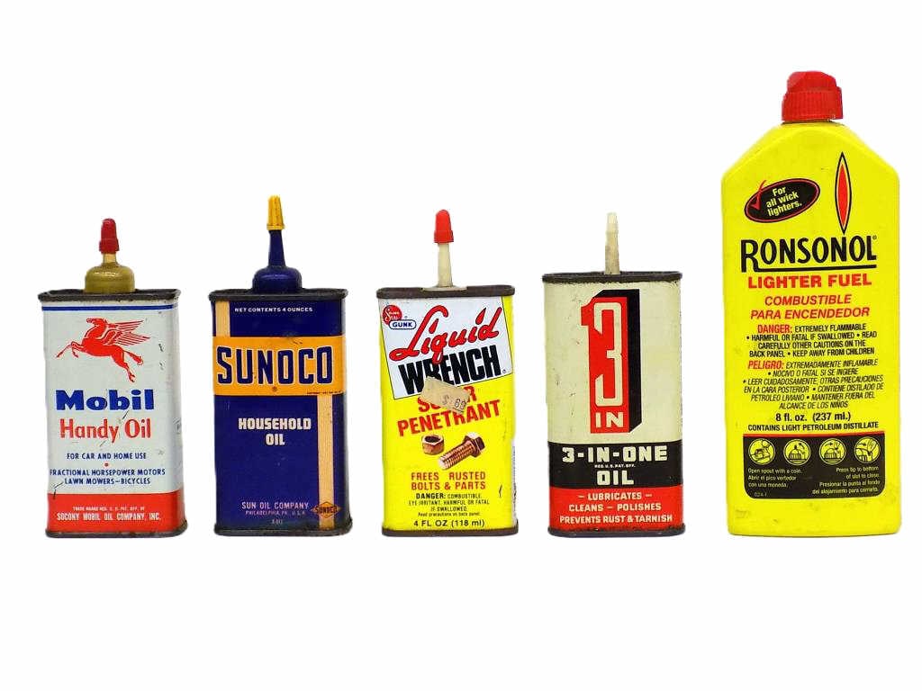 VINTAGE MOBIL SUNOCO LIQUID WRENCH 3 IN 1 CANS: Vintage Advertising Oil Tins Including: 4 Oz Mobil Handy (Pegasus Logo) Sunoco Household, Liquid Wrench Super Penetrating, 3 In 1 Oil. Plastic Ronsonol Lighter Fuel 8 Oz Bottle Bonus (Some Cans with c