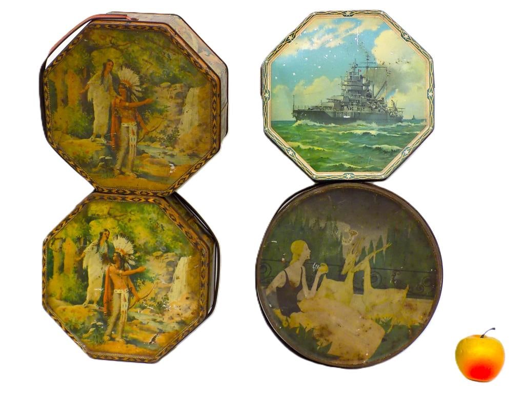 ADVERTISING BISCUIT TINS W/ INDIANS BATTLESHIP ETC (1 of 5)