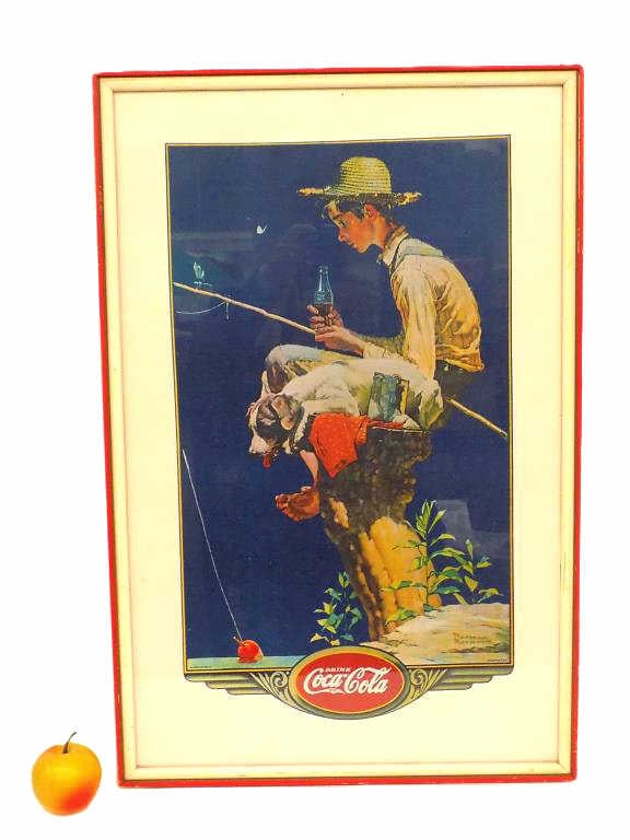 NORMAN ROCKWELL BOY FISHING COCA COLA CANVAS PRINT: After Norman Rockwell American 1894-1978 - Big Full Color Print on Canvas Entitled Boy Fishing. Advertising Drink Coca Cola Brand. Approximately 18.25" x 28" 6 lbs