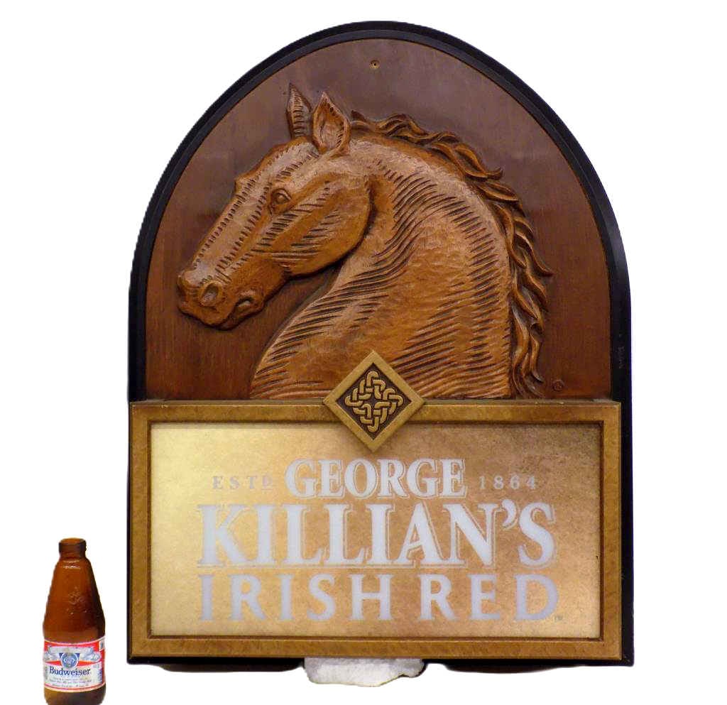GEORGE KILLIAN'S IRISH RED HORSE BEER SIGN LIGHT: George Killian's Irish Red Beer Advertising Sign Light. Featuring Trademark Horse Head. Beer Store or Bar Advertising Piece. Detailed Carved Wood with Glass Logo and Flourescent Light Interior. Measur