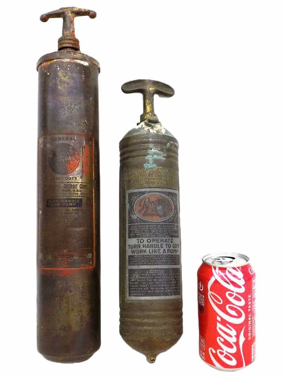 ANTIQUE SOS FIREGUARD & PYRENE FIRE EXTINGUISHERS: Circa 1940's SOS Fireguard Model 85 and 1917 Pyrene No 260154 Pump Action Fire Extinguishers. Copper and Brass with Advertising Logos. Combined Measurements 17" x 6" x 6" 6 lbs Contents empty
