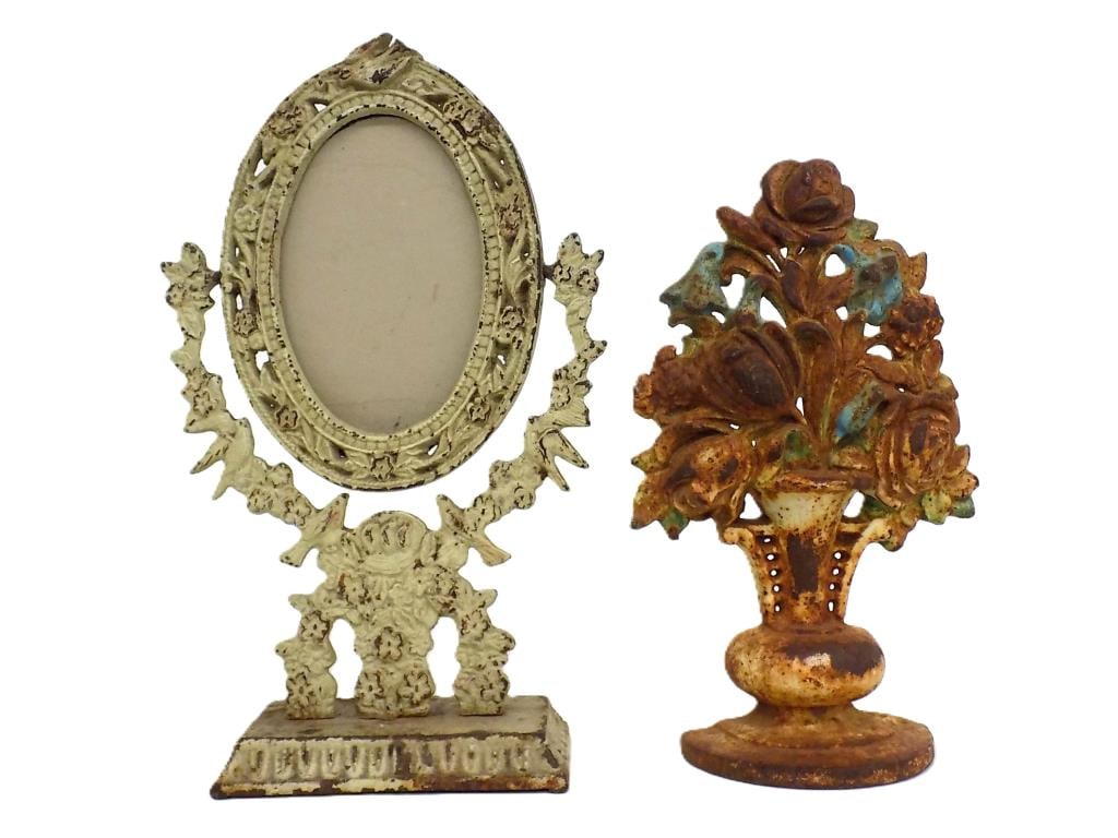 ANTIQUE CAST IRON PICTURE FRAME FLOWERS DOOR STOP (1 of 3)