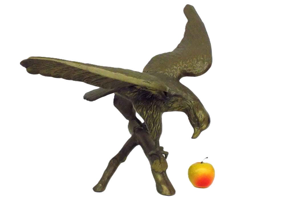 BIG MIDCENTURY GOLDEN BRASS WINGED EAGLE SCULPTURE: Big Midcentury Golden Brass Perched Winged Eagle Sculpture. Height 20" x 18" x 24" 15 lbs