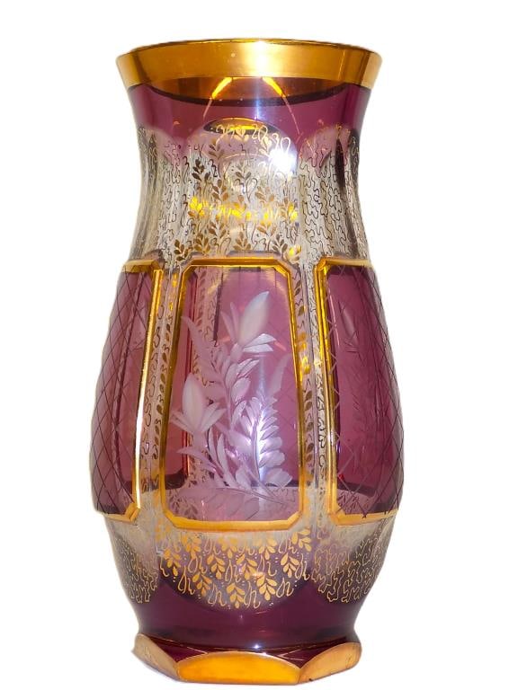 GORGEOUS BOHEMIAN MOSER AMETHYST GLASS VASE: Gorgeous Antique Bohemian Moser Amethyst Glass Cabinet Vase. Hand Cut Floral Decoration with 24k Gold Gilt Accents. Height 6" x 2 3/4" x 2 3/4" 1 lb