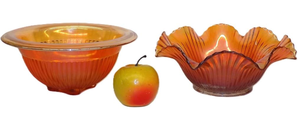 IRIDESCENT ORANGE CARNIVAL GLASS BOWLS LOT (1 of 3)