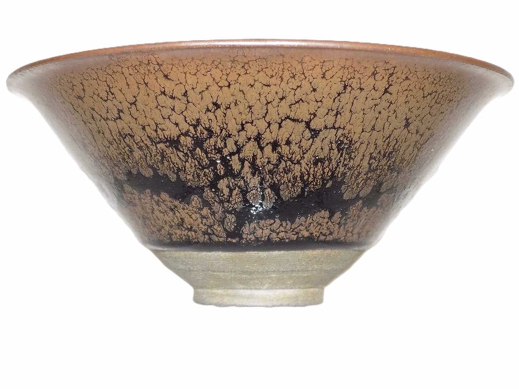 CHINESE SONG DYNASTY OIL DROP TEA BOWL: Chinese Song Dynasty Decorated Tenmoku Tea Bowl. Distinctive Metallic Black Glaze with Partridge Feather Decoration and Bronze Tone Ground. Flared Form with Footed Base. Approximately 2.25" x 5.25" x 
