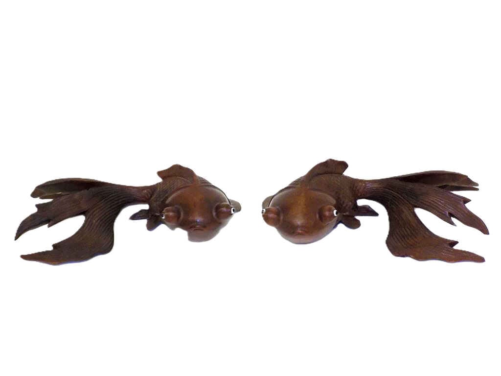 MEIJI PERIOD JAPANESE KOI FISH WOOD SCULPTURES: Antique Japanese Meiji Period Pair of Koi Fish Box Wood Sculptures. Inset Glass Eyes. Each Measure: 2.50" x 8" x 4.50" 3 lbs Minor age imperfections