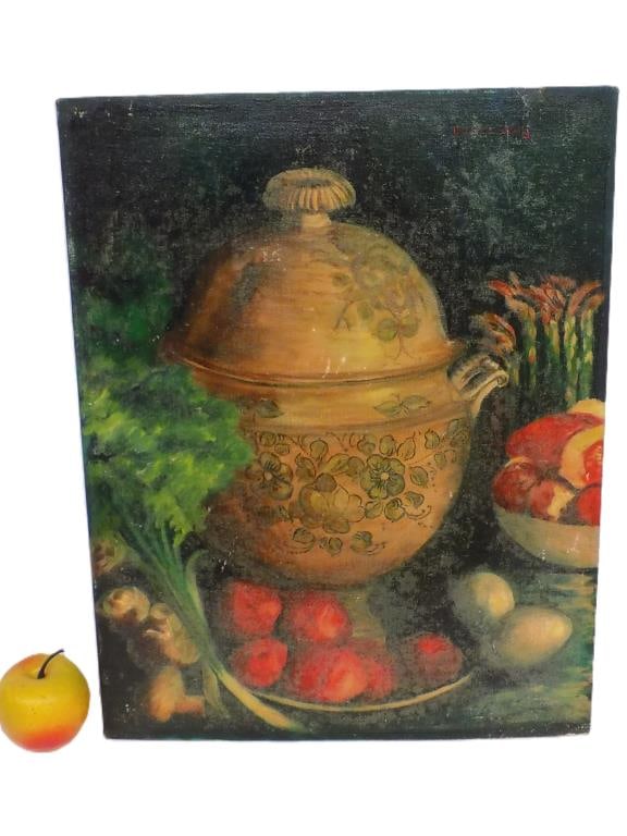 ESTHER JUNG - TABLE STILL LIFE PAINTING: Esther Jung - American New York 20th Century - Circa 1960's Table Still Life Painting of a Covered Jar and Vegetables. Oil on Artist Board. Signed Upper Right. 14" x 1" x 18" 1 lb