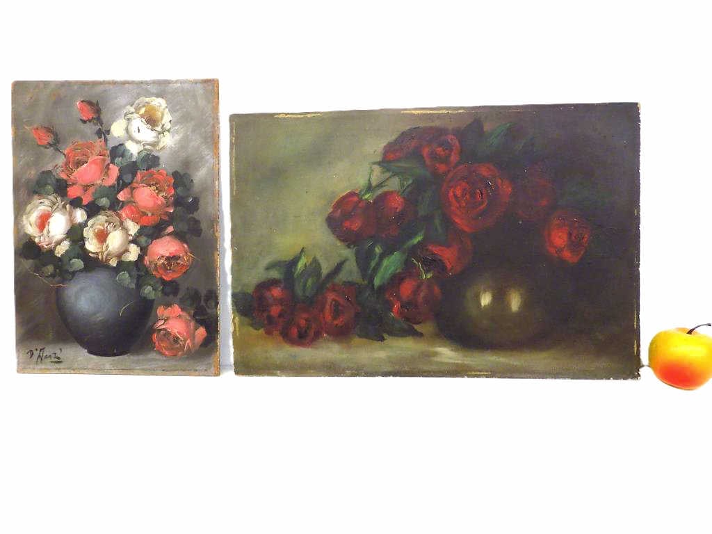 ROSES FLORAL STILL LIFE PAINTINGS 1 SIGNED ANZ: Vintage Circa 1910's 20's Floral Still Life Oil Paintings of Roses. Horizontal Painted on Devoe Academy Board New York Label Rear. Vased Painted on Masonite and Signed D. Anz Lower Left. Measurements 