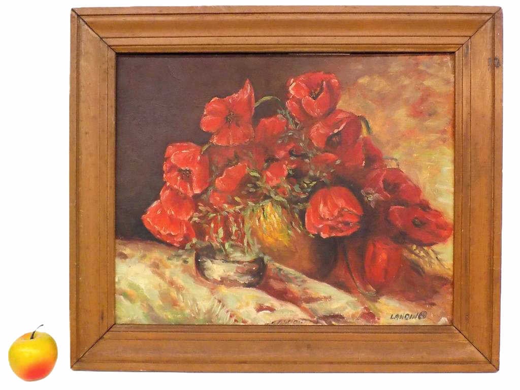LANDIN MIDCENTURY RED POPPIES STILL LIFE PAINTING: Landin - 20th Century - Midcentury Table Still Life Painting of Red Poppies. Oil on Artist Canvas Board. Signed Lower Right. Antique Pine Wood Frame Measures 20.50" x 1" x 24.50" 3 lbs.