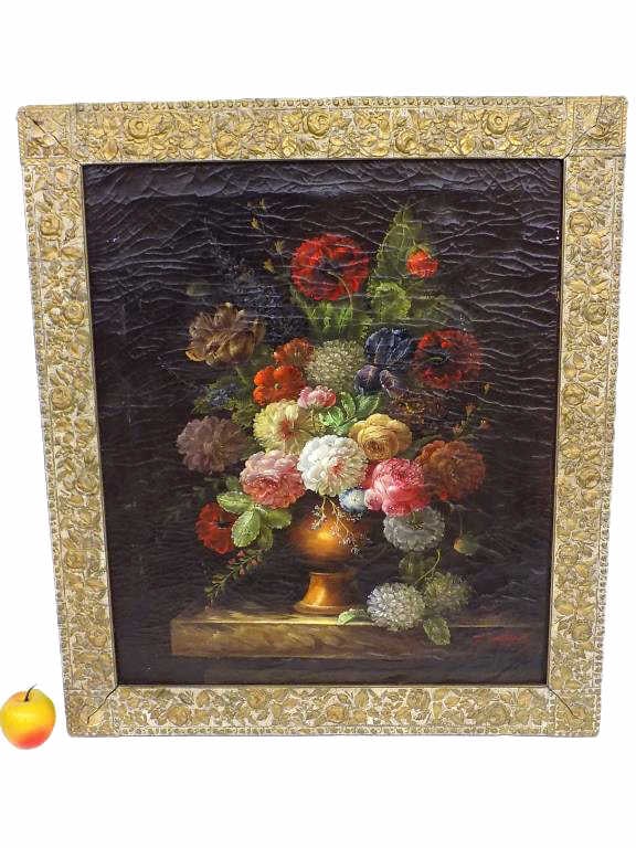 MATTHEWS 19TH CENTURY FLOWER STILL LIFE PAINTING: J. Matthews - German - Dutch 19th Century Detailed Table Still Life of Flowers in a Vase. Oil on Canvas. Signed Lower Right. Elaborate Aesthetic Gold Gilt Frame Measures 25" x 1" x 28.50" 7 lbs Expect