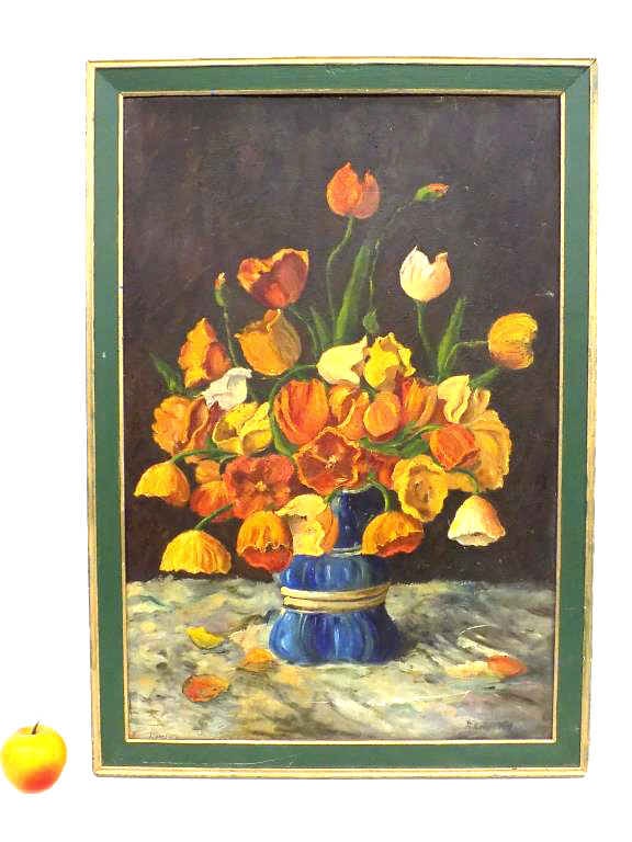 MIDCENTURY CALIFORNIA POPPIES STILL LIFE PAINTING: Circa 1950's 60's Brilliant Floral Table Still Life Painting of California Poppies in a Vase. Oil on Panel. Signed Indistinctly Lower Right. Vintage Green and Gold Painted Wood Frame Measures 20" x 1"